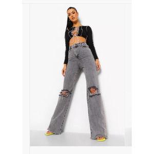 Boohoo Basic Stretch Rip Knee Flare Jeans Women Size 8 Tall Grey